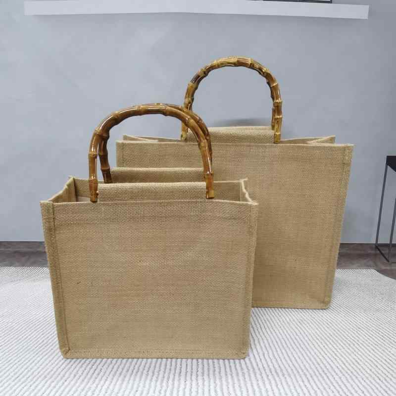 トートバッグ レディース メンズ 麻 竹 ハンドル レトロ クラシック エコ 大容量 横型 旅行 折りたたみ..
