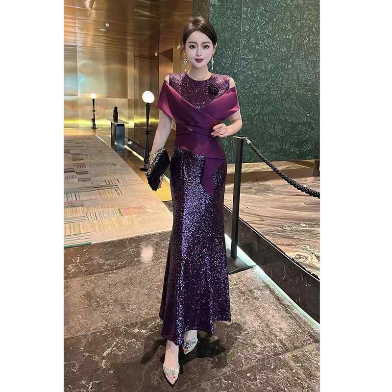 ドレス レディース 秋 スパンコール 切り替え サテン ショール エレガント 上品 結婚式 披露宴 パーティー 二次会 お呼ばれ フォーマル 礼服 ワンピース ロング丈 マーメイド