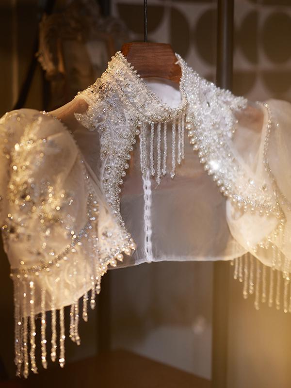 ボレロ レディース フレンチレトロ ヴィンテージ風 ウェディングドレス 結婚式 お呼ばれ パーティー フォーマル ワンピース 羽織り ショート丈 ショール カーディガン 手作り ハンドメイド エレガント 上品 白