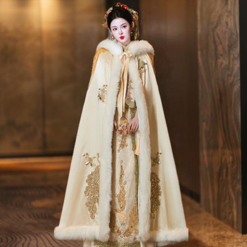 樂天商城 - ショール ケープ レディース 結婚式 花嫁 漢服 秀禾服 ブライダル 厚手 ファー襟 保温 防寒 ゴールド シャンパン レッド 冬 秋冬