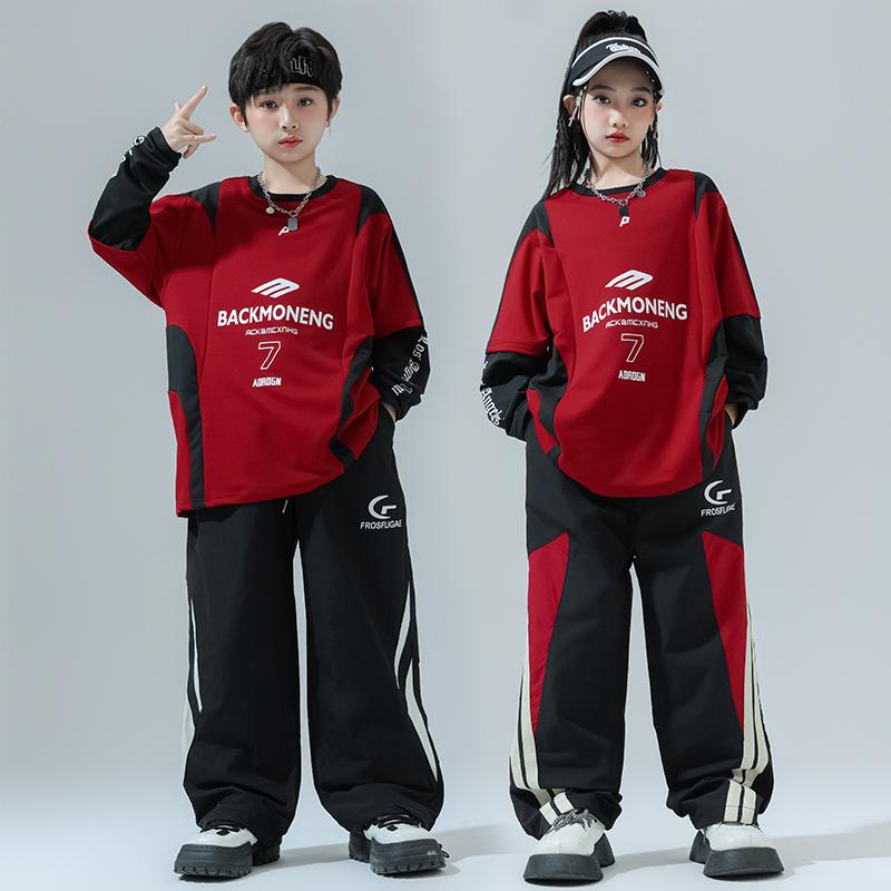 ダンスウェア 男の子 女の子 子供 ストリートダンス ヒップホップ ジャズダンス セットアップ 上下セット 長袖 トレーナー スウェット ロングパンツ 個性的 ファッション おしゃれ 発表会 ステージ衣装 練習着 赤 黒 ストライプ