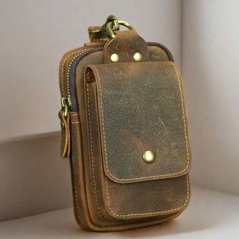 ウエストバッグ メンズ 男性用 スマホポーチ 本革 牛革 レトロ ヴィンテージ風 ベルトポーチ ベルト通し フック カラビナ 小型 ポータブル ダークブラウン ブラウン(4)