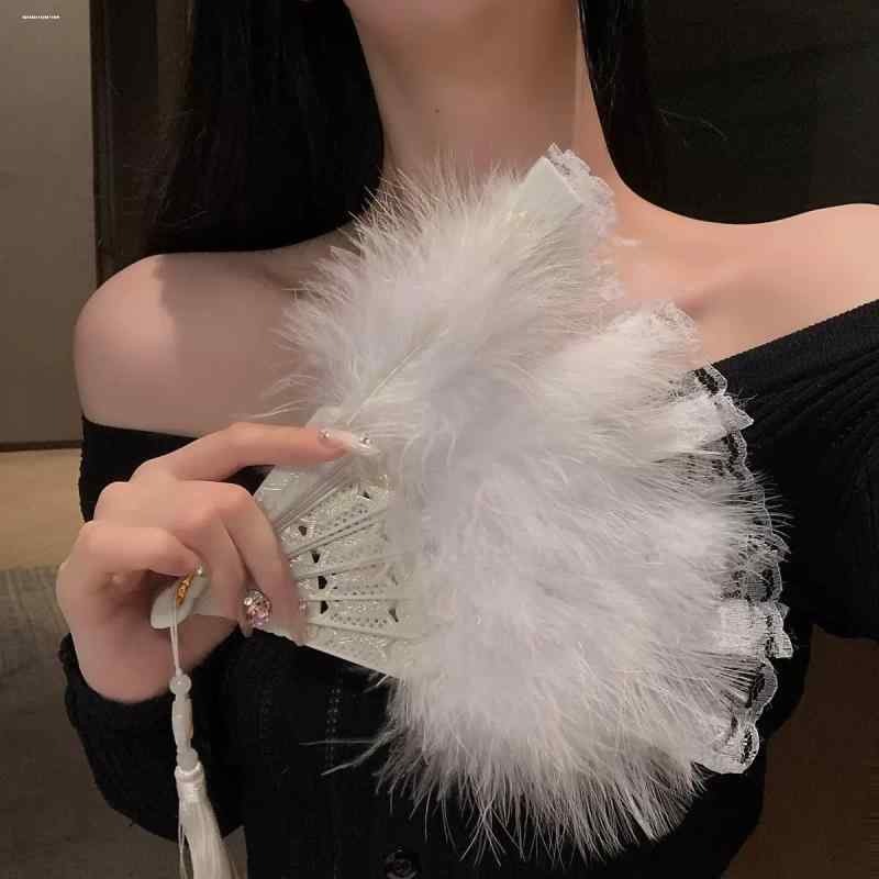 扇子 レディース ロリータ クラシカル ゴシック フェザー 羽毛 折りたたみ 宮廷扇 レース スウィート ..