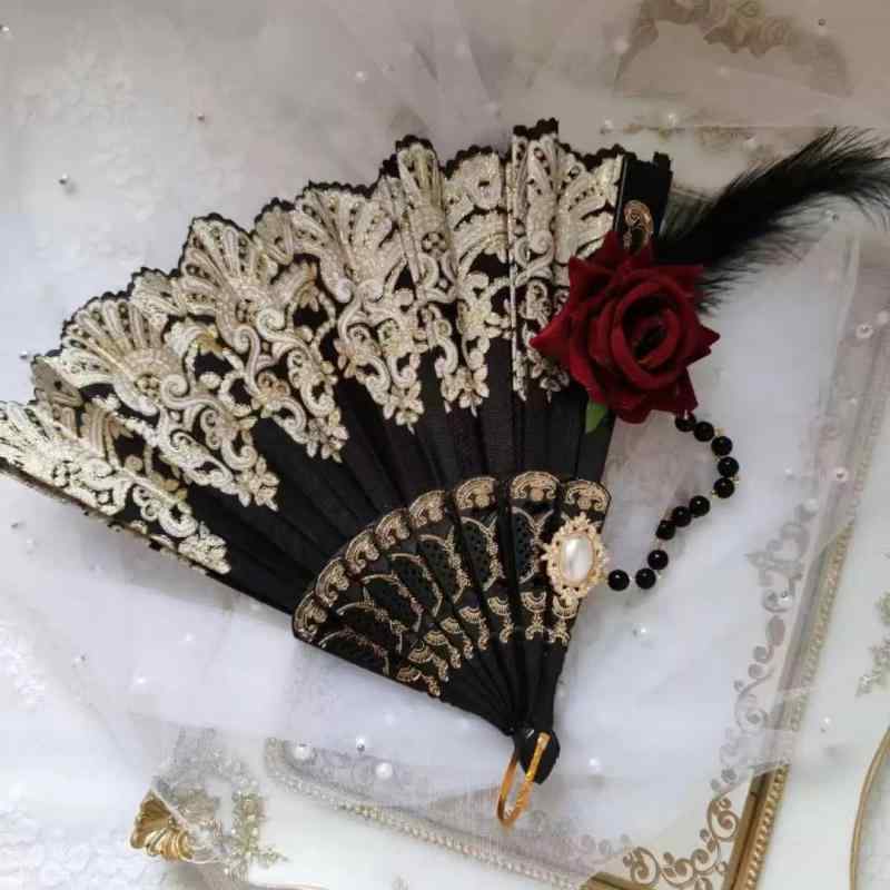 扇子 ロリータ 折りたたみ 羽毛飾り 薔薇 レース 黒 白 ヨーロピアン クラシカル アンティーク調 浮彫..