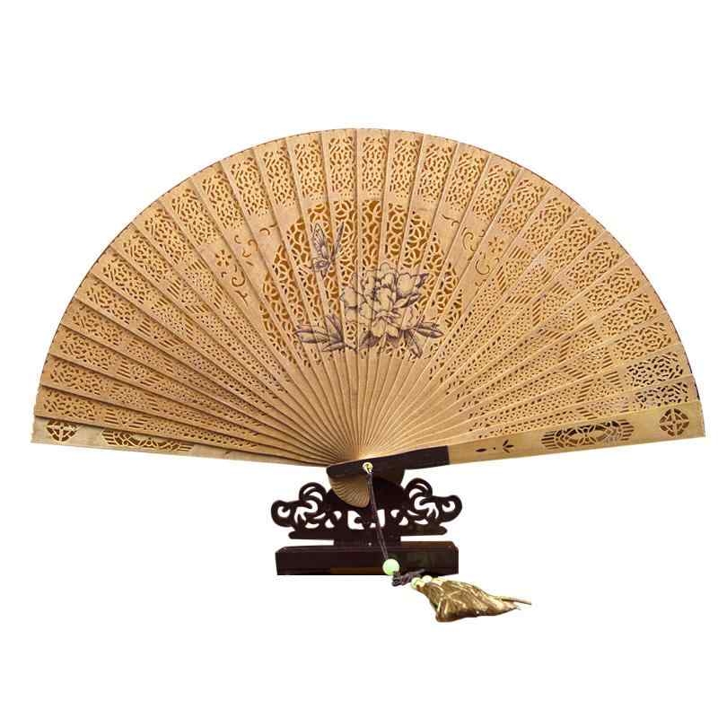 扇 レディース 女性用 紅檀木 古典 伝統 工芸品 折扇 透かし彫り 彫刻 花柄 型押し 上品 コレクション 漢服スタイル