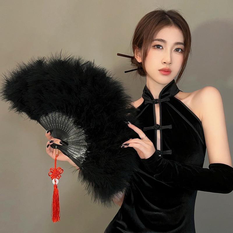 羽根扇子 フェザーファン レトロ ヴィンテージ風風 厚手 羽毛 ベルベット 黒 白 ダ...