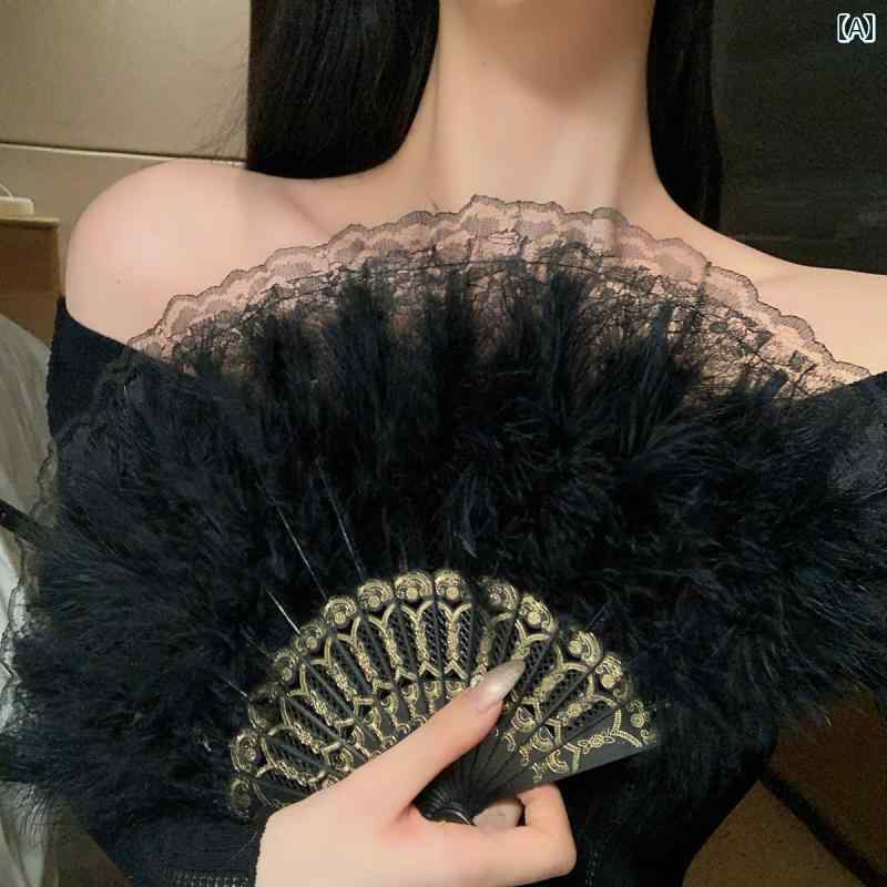 フロントップ楽天市場店の扇子 羽扇 折りたたみ 中国風 古風 レトロ 漢服 チャイナドレス 舞扇 ダンス 撮影小物 装飾 レース 黒 シック 上品｜アングル2