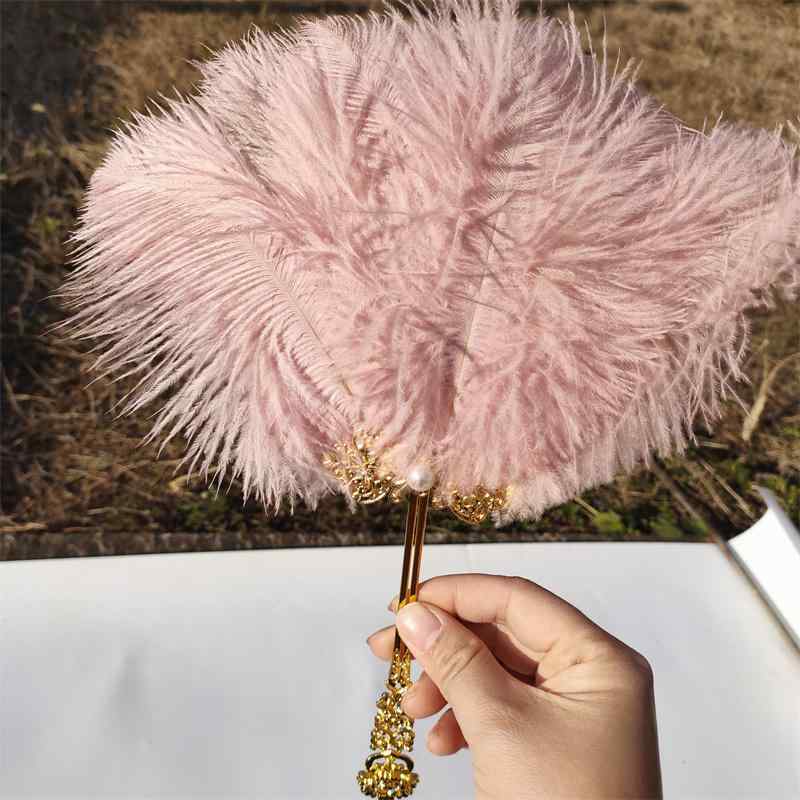 扇子 ベルベット オーストリッチフェザー 漢服 手持ち 円形 フォト 舞台 パフォーマンス 小道具 アジアンテイスト 羽毛素材 ライトパープル シャンパン 黒