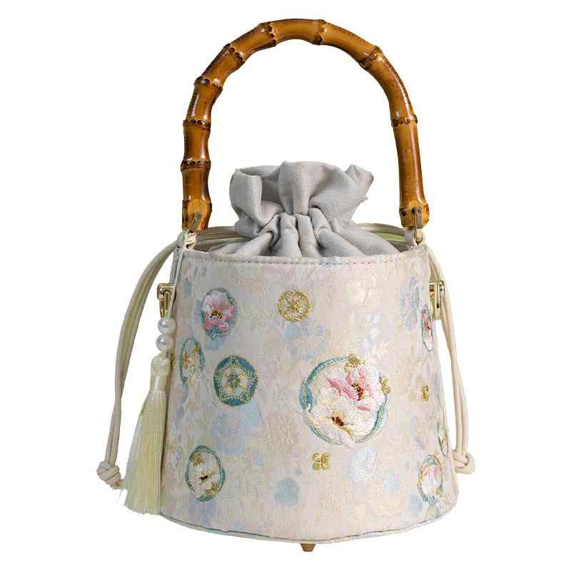 バッグ レディース 中国風 和風 刺繡 花柄 バケットバッグ 竹ハンドル バンブーハンドル 馬面スカート チャイナドレス 漢服 カジュアル 普段使い ファッション サテン素材 上品 夏 紫 黒 白(4)