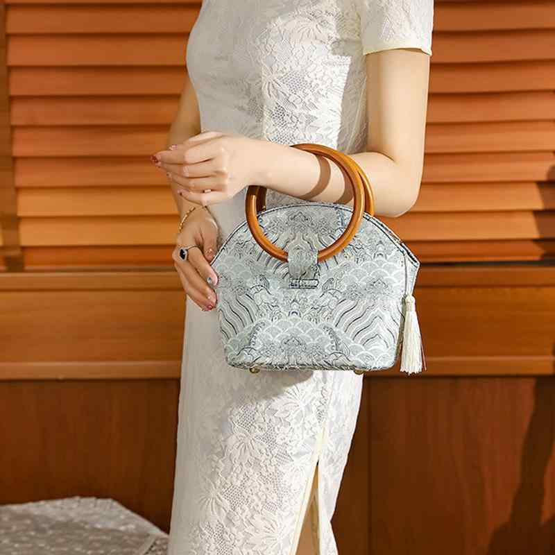 ハンドバッグ レディース 中国風 漢服 レトロ エスニック 民族風 刺繍 木製ハンドル 宴会 披露宴 パー..