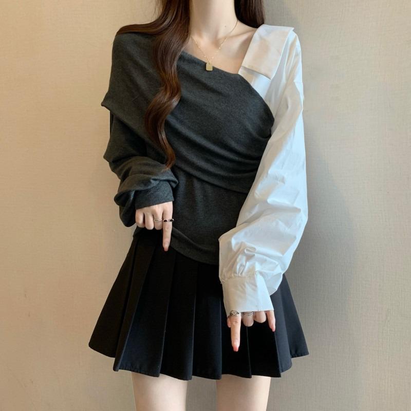 シャツ レディース フレンチ オフショルダー 長袖 ブラウス 大きいサイズ ゆったり 体型カバー アシンメトリー 変形 エレガント 上品 通勤 オフィス きれいめ 春夏 グレー ブラック