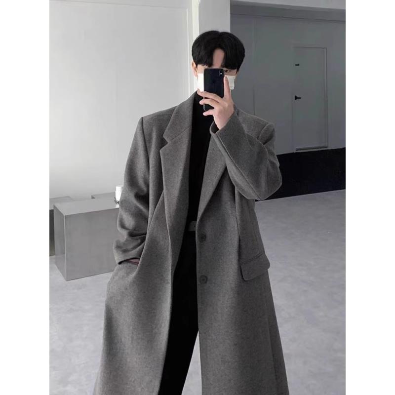 Jumper, Blouson - コート メンズ ブリティッシュ メルトン ウール ロング丈 ルーズシルエット テーラードカラー シングルブレスト ボタン 無地 カジュアル 防寒 保温 秋冬