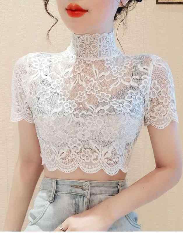 トップス レディース 肌触りの良い 半袖 メッシュ レース インナー ハイネック 付け襟 ショート丈 スリムフィット フェミニン 伸縮性 着回し 春夏 白 黒 ポリエステル カットソー