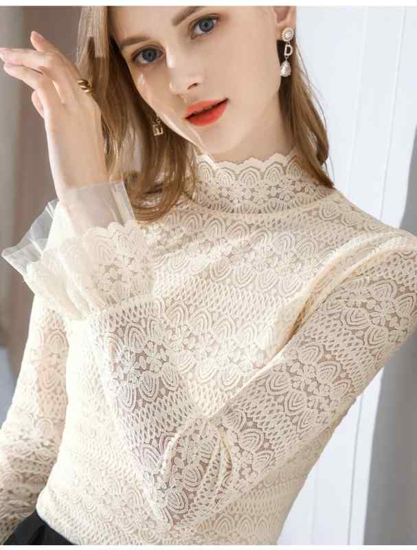 レースブラウス レディース ハイネック ラッパ袖 インナー つけ襟付き シャツ トップス 秋冬 重ね着 カジュアル エレガント シースルー