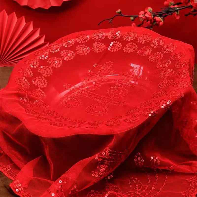 ウェディングベール レディース 花嫁 新婦 赤 レッド 聚宝盆柄 吉祥柄 慶事 ドーム型 チュール ネット ..