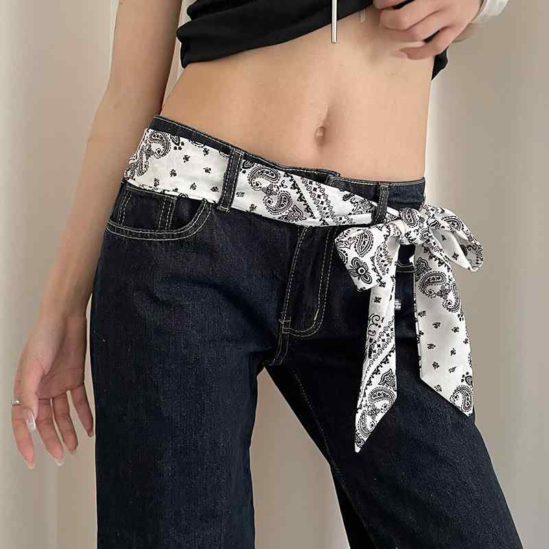 スカーフベルト レディース ペイズリー柄 レトロ 個性的 おしゃれ ロング ポリエステル スカート デニム ジーンズ カジュアル ウエストマーク アイボリー ネイビー