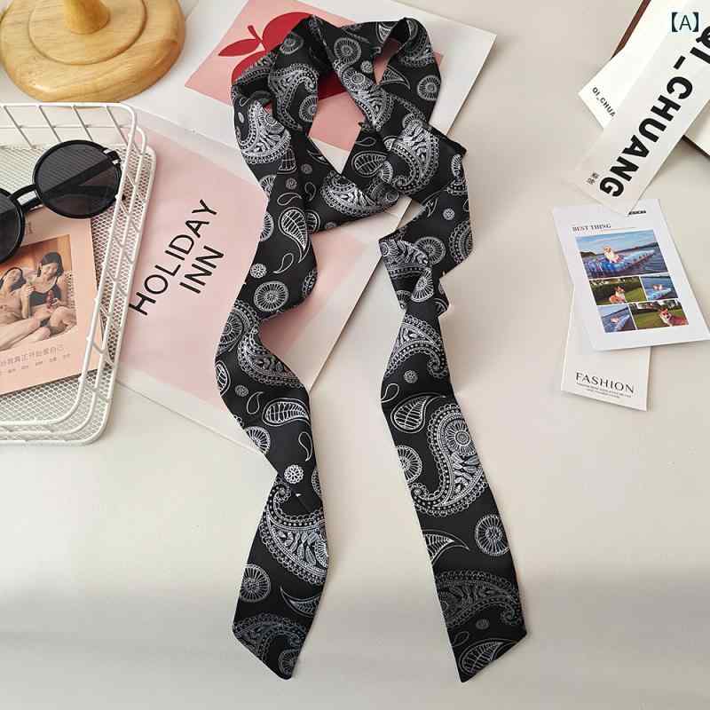 スカーフ レディース ペイズリー柄 ロング 薄手 ポリエステル サテン ベルト ヘアバンド ワンピース デニム コーデ マルチウェイ 長方形 個性的 エレガント 大人 春夏 ブラック オフホワイト ゴールド