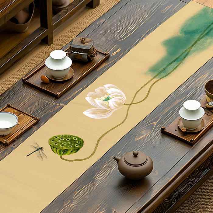テーブルランナー 中国 茶席 麻混紡 防水 ロング ティーマット 和風 禅モダン アジアン 植物 花柄 蓮 ..