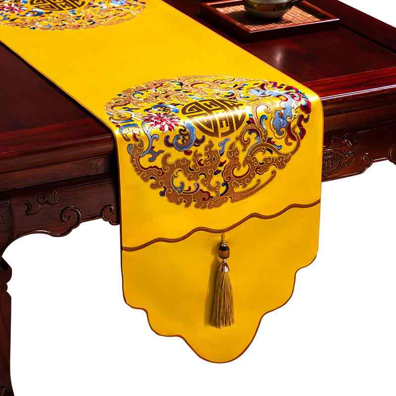 テーブルランナー 赤 黄 グレー モダンチャイニーズ 禅スタイル クラシック 防水加工 ティーテーブル ダイニング リビング 書斎用 ファブリック ロング 長方形 インテリア タッセル