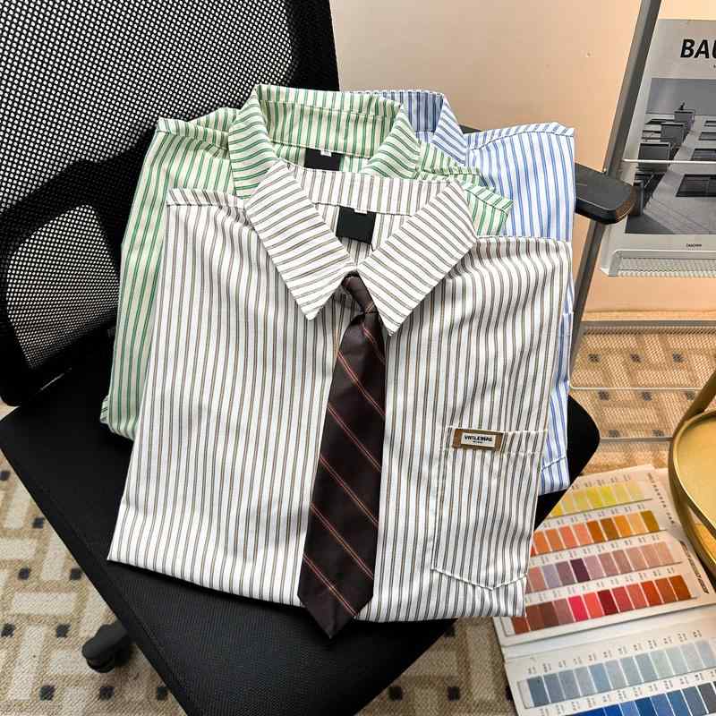 メンズ シャツ ネクタイ オシャレ レトロ レディース 縦ストライプ 長袖 ゆったり ルーズフィット 襟付..