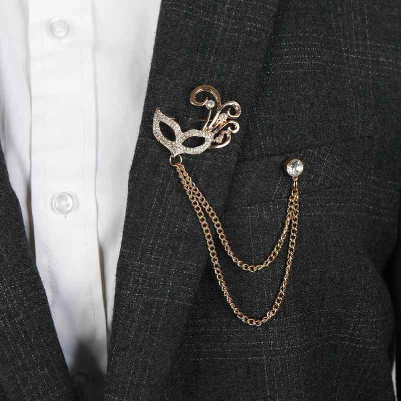 ブローチ おしゃれ メンズ 男性用 マスクモチーフ チェーン ジルコニア装飾 個性的 合わせやすい スーツ ジャケット ビジネス フォーマル パーティー 結婚式 イベント 合金製 ゴールド シルバー