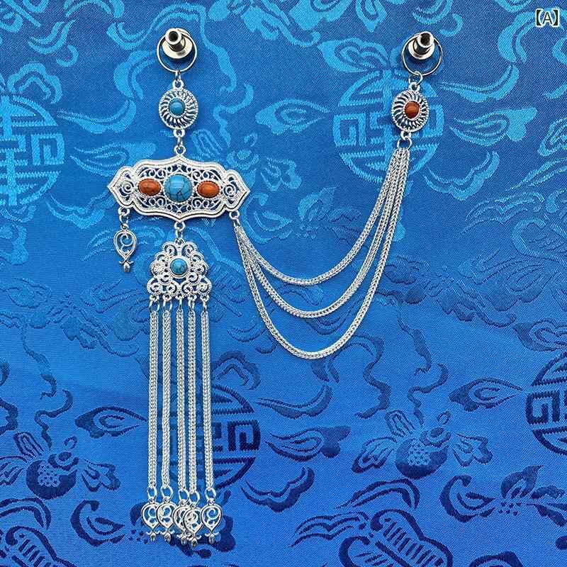 ブローチ おしゃれ レディース 民族風 フリンジ 合金 銀メッキ 人工石 半貴石 装飾 レトロ モンゴル衣装モチーフ ベスト ドレス用飾り ピン アクセサリー