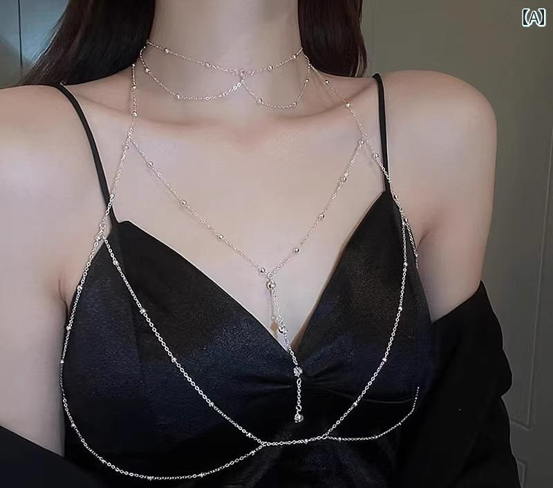 ボディチェーン レディース 女性用 ジルコニア ラインストーン ドロップ 雫 多層 ショルダー 胸元 セクシー 華やか きらめく 個性的 エレガント 合金 パーティー イベント ダンス シルバー