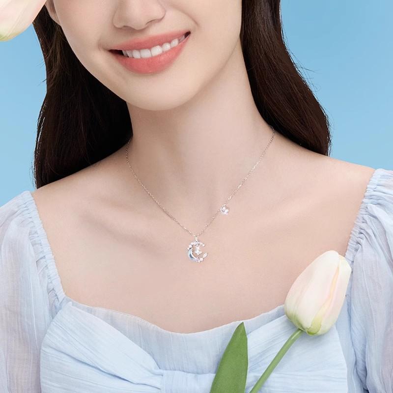 ネックレス レディース 蝶々 バタフライ 月 ムーン 999シルバー S925 シルバー 鎖骨チェーン ショートネックレス ラウンドビーズチェーン 華奢 上品 ...