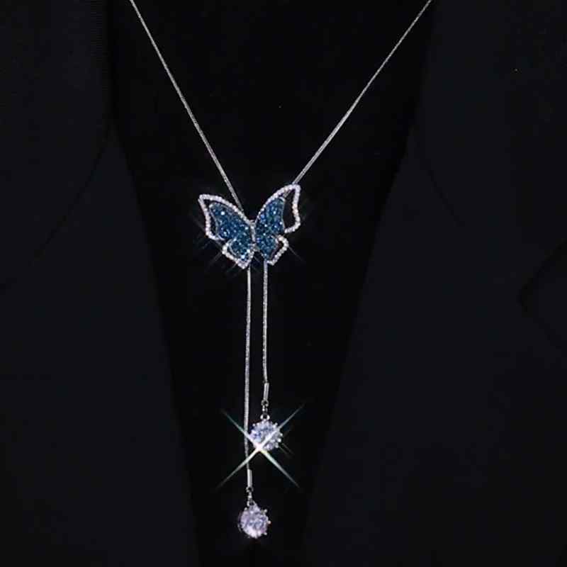ネックレス レディース ジルコニア ブルー 蝶々 スネークチェーン ロング丈 合金 人工宝石 セーターア..