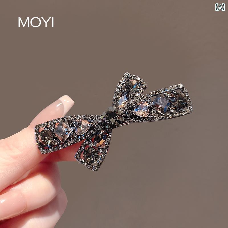 ヘアクリップ レディース 髪飾り ヘアピン サイド 前髪 クリップ 透かし彫り ラインストーン ブラック 韓国 おしゃれ ファッション 万能 ベーシック ダックビルクリップ 合金製