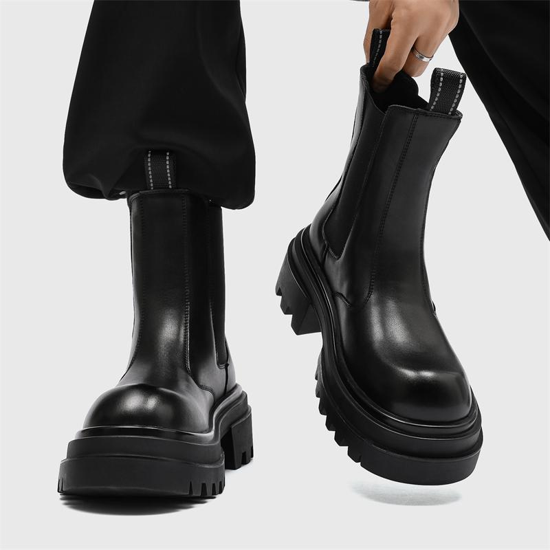 ブーツ メンズ チェルシーブーツ ブーツ 厚底 シークレットヒール ラウンドトゥ ハイカット ショートブーツ 春夏 通気性 合皮 黒 ライダース ワーク カジュアル ブリテッシュ レースアップ