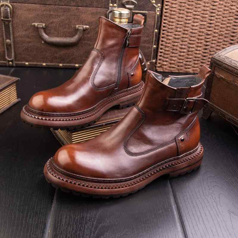ブーツ メンズ 秋冬 英国風 レトロ チェルシー 本革 牛革 ショートブーツ ジッパー ファスナー ラウンドトゥ 厚底 ミドルヒール ホースビット 軽量 暖かい 快適 耐久性 普段使い 通勤 おしゃれ ブラック ブラウン