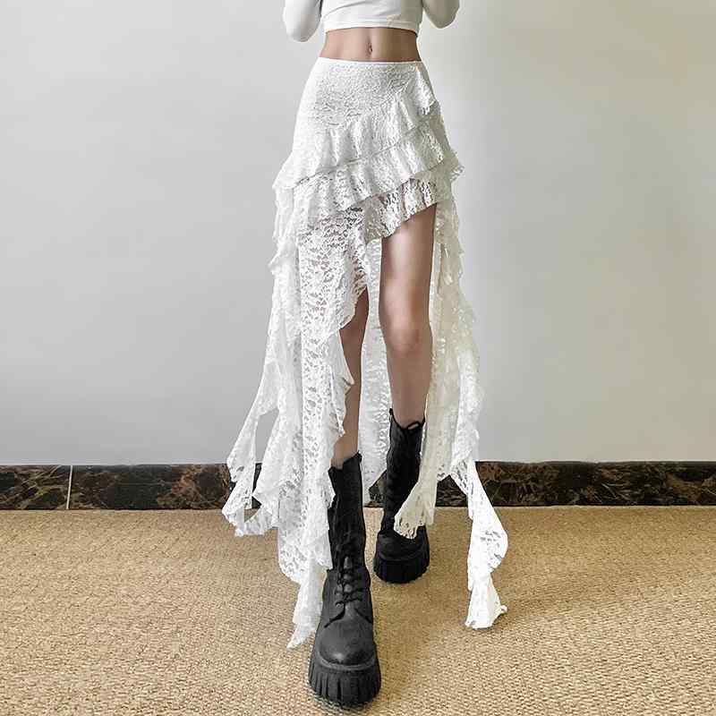 スカート レディース ボヘミアン ロマンティック フリル ラッフル アシンメトリー イレギュラーヘム ハイウエスト スリット 着痩せ 細見え ミディ丈 ミモレ丈 ポリエステル スパンデックス ストレッチ素材 ジャカード 普段使い カジュアル お出かけ デ
