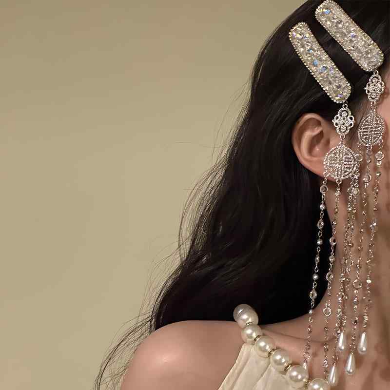 ヘアアクセサリー レディース モンゴル民族風 ジルコニア タッセル サイドクリップ 髪飾り 華やか エレガント レトロ 髪留め フォーマル デイリー 銀 青 白金