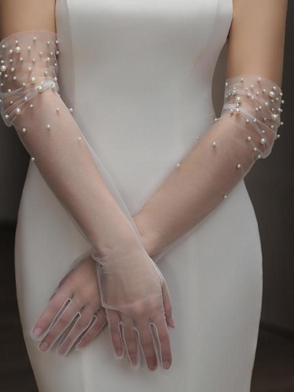 グローブ レディース ブライダル ウェディング 結婚式 披露宴 謝恩会 パーティー 演奏会 ロング丈 エレガント 手作りビーズ装飾 シアー素材 薄手 スタイルアップ効果