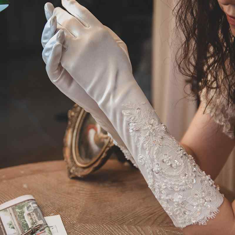手袋 レディース 花嫁 ブライダル ウェディング ロンググローブ レトロ 繊細 レース ビーズ刺繍 サテン..