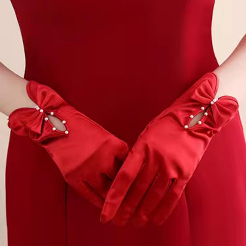 手袋 レディース 女性用 グローブ 新婦 花嫁 赤 レッド ワインレッド レース サテン 光沢 エレガント ..