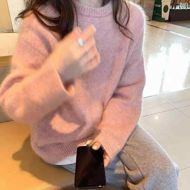 フロントップ楽天市場店のニット レディース 女性用 モヘア ふわふわ もちもち 柔らか 厚手 保温 発熱 長袖 ゆったり オーバーサイズ ラウンドネック 秋冬 韓国 通勤 カジュアル トップス グレー ピンク パープル 大きいサイズ おしゃれ 着回｜アングル3