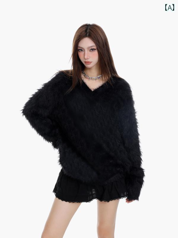 ニットレディースVネックオーバーサ...