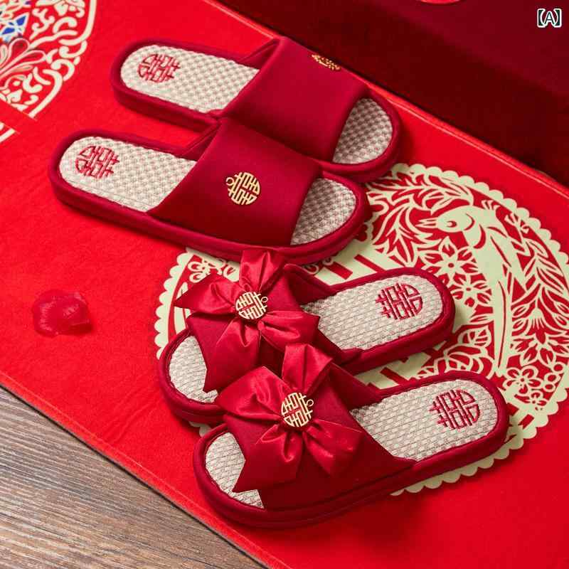 スリッパ カップル メンズ レディース 結婚式 新婚祝い ペア 赤 麻 リネン ソフト底 柔らかい 履き心地 ワンバンド 夏 春夏 室内履き ルームシューズ