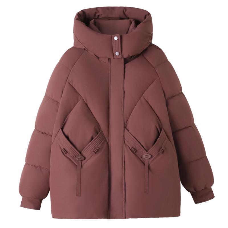中綿コート レディース 大きいサイズ ママ 50代 60代 冬 ショート丈 ゆったり 防寒 厚手 フード付き ポリエステル 無地 黒 ワインレッド ブラウン アウター 普段使い カジュアル(4.0)