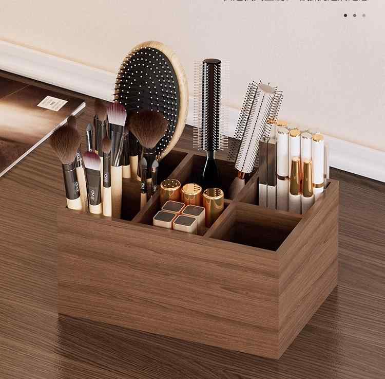 収納ケース メイクブラシ 化粧筆 口紅 リップ 化粧品 ペン立て ペンスタンド 木製 仕切り付き 大容量 ドレッサー 卓上 胡桃 レトロ風
