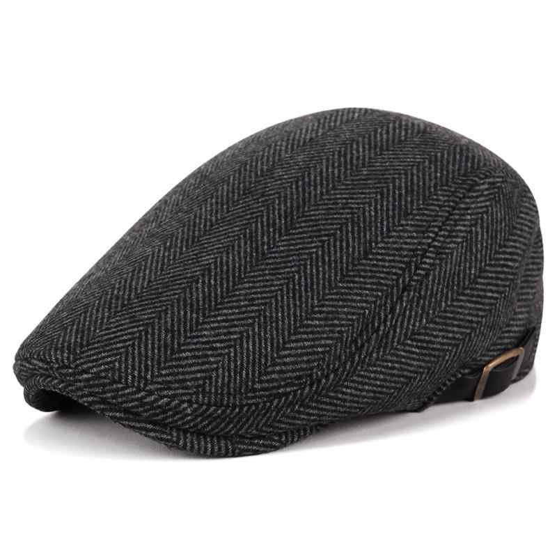 Newsboy Cap - ハンチング帽 メンズ シニア 秋冬 ウール 厚手 保温 暖か サイズ調整 レトロ ブリティッシュ ヘリンボーン チェック 短つば キャスケット カジュアル 普段使い ブラック グレー コーヒー