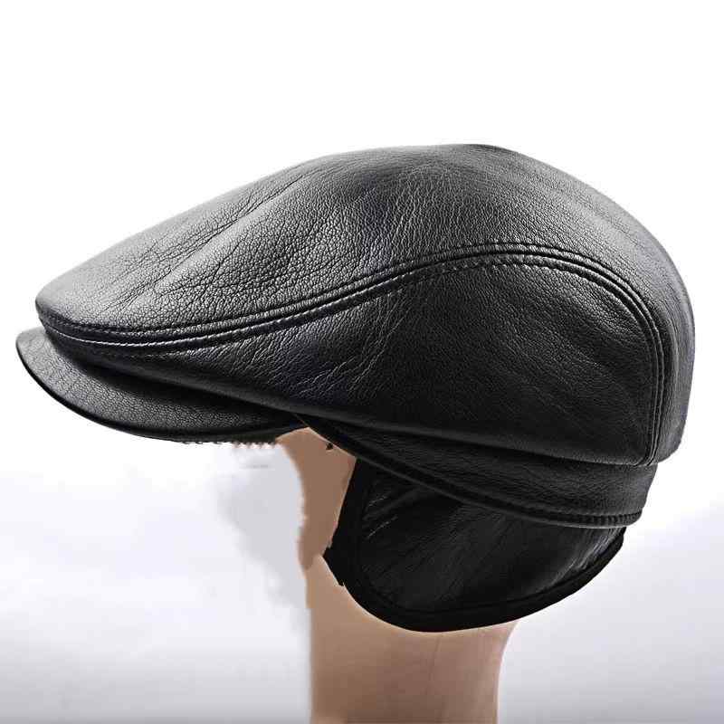 帽子 メンズ 秋冬 保温 防寒 本革 レザー 鹿革 中高年 シニア 父親 祖父 ベレー帽 ハンチング キャスケット 丸型 短いつば 厚手 シンプル カジュアル 黒