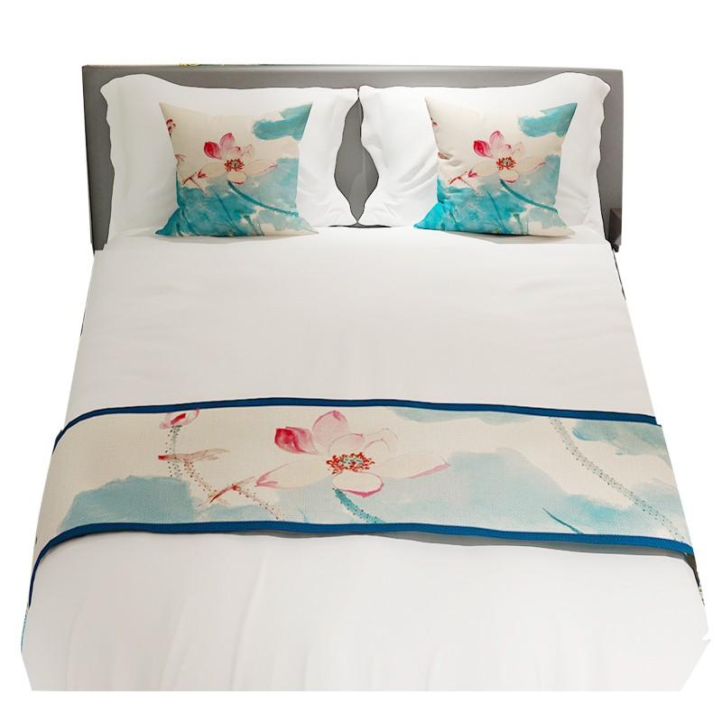 ベッドスロー おしゃれ ランナー ホテル 装飾 旅館 民宿 寝具 モダン シンプル リネン 花柄 蓮 魚 和室..