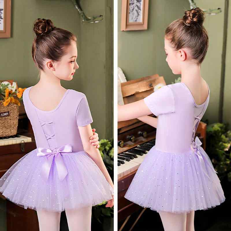 バレエ レオタード キッズ 女の子 半袖 スカート付き 体操服 ダンス レッスン 練習 中国舞踊服 発表会 練習用 綿 コットン ライトピンク ピンク系 ライトパープル 春夏