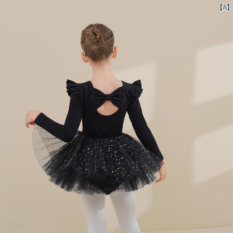 フロントップ楽天市場店のダンスウェア 子供 女の子 幼児 長袖 綿 レッスン着 練習着 バレエ スパンコール チュールスカート 中国舞踊 発表会衣装 秋冬 黒 紫 ピンク｜アングル2