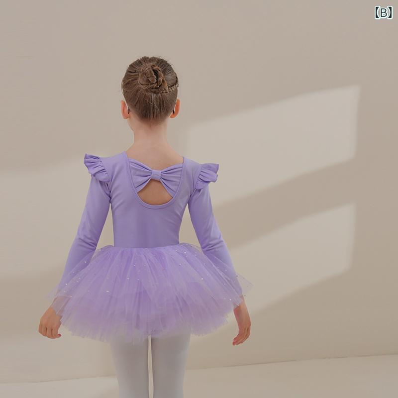 フロントップ楽天市場店のダンスウェア 子供 女の子 幼児 長袖 綿 レッスン着 練習着 バレエ スパンコール チュールスカート 中国舞踊 発表会衣装 秋冬 黒 紫 ピンク｜アングル3