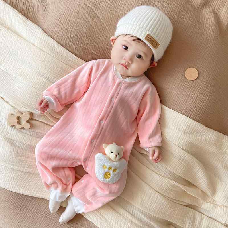 ベビーロンパース 男の子 女の子 秋冬 裏起毛 保温 防寒 厚手 長袖 シームレス 縫い目なし オールインワン コーデュロイ カジュアル ピンク マスタードイエロー ブラウン