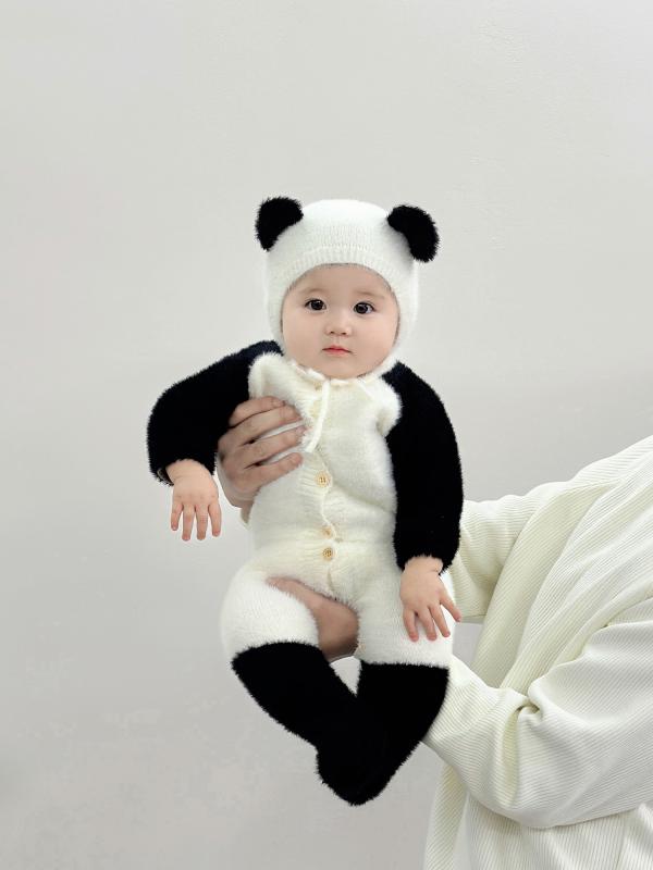 ベビー 男の子 秋冬 裏起毛 コーデュロイ 長袖 ロンパース カバーオール フード付き かわいい 防寒 保温 あったかい 白 パンダ柄 普段使い お出かけ